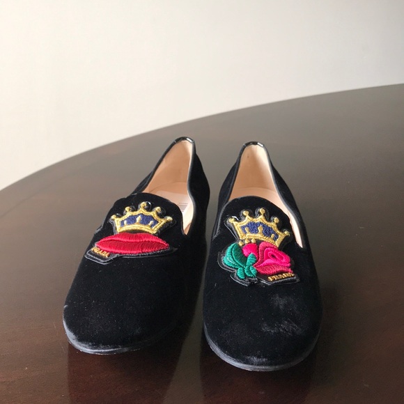 Black velvet king lips & flower Prada Penny Loafer - Picture 3 of 8